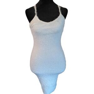 NWT Hera Collection Off White Fuzzy Eyelash Knit Bodycon Mini Dress M Strappy